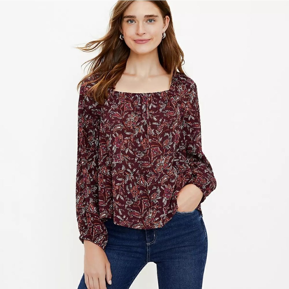 Loft Floral Square Neck Peplum Blouse Medium New Burgundy Women's